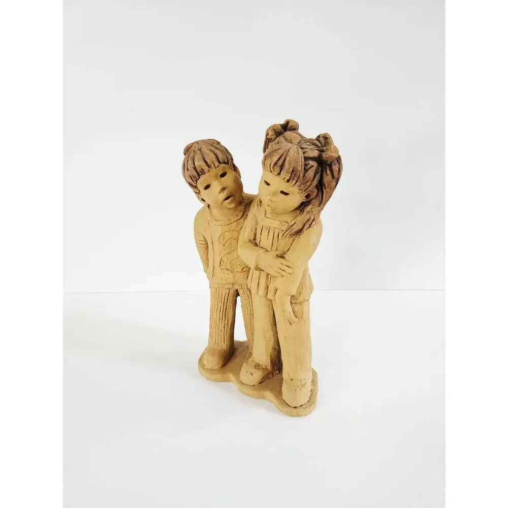 Vintage '70s Lee Bortin Studio Art Boy & Girl Clay Statue Figurine Sculpture